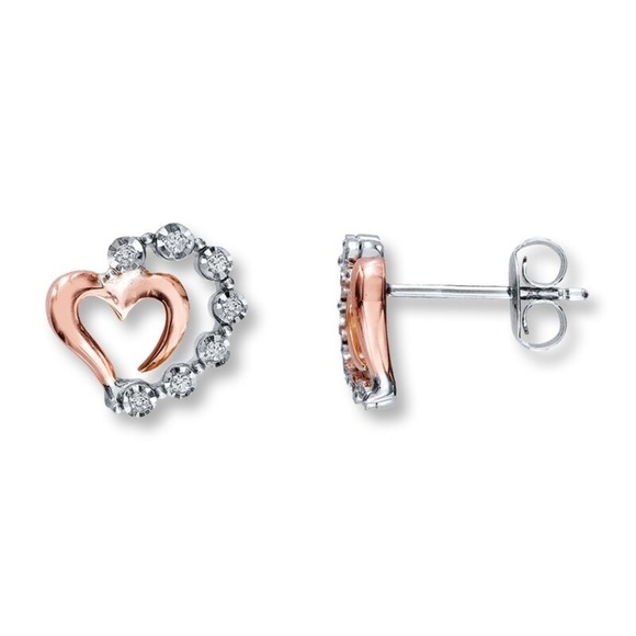 Preowned Kay Jewelers Diamond Small Heart Earrings Sterling Silver 10K Rose Gold - Picture 2 of 14